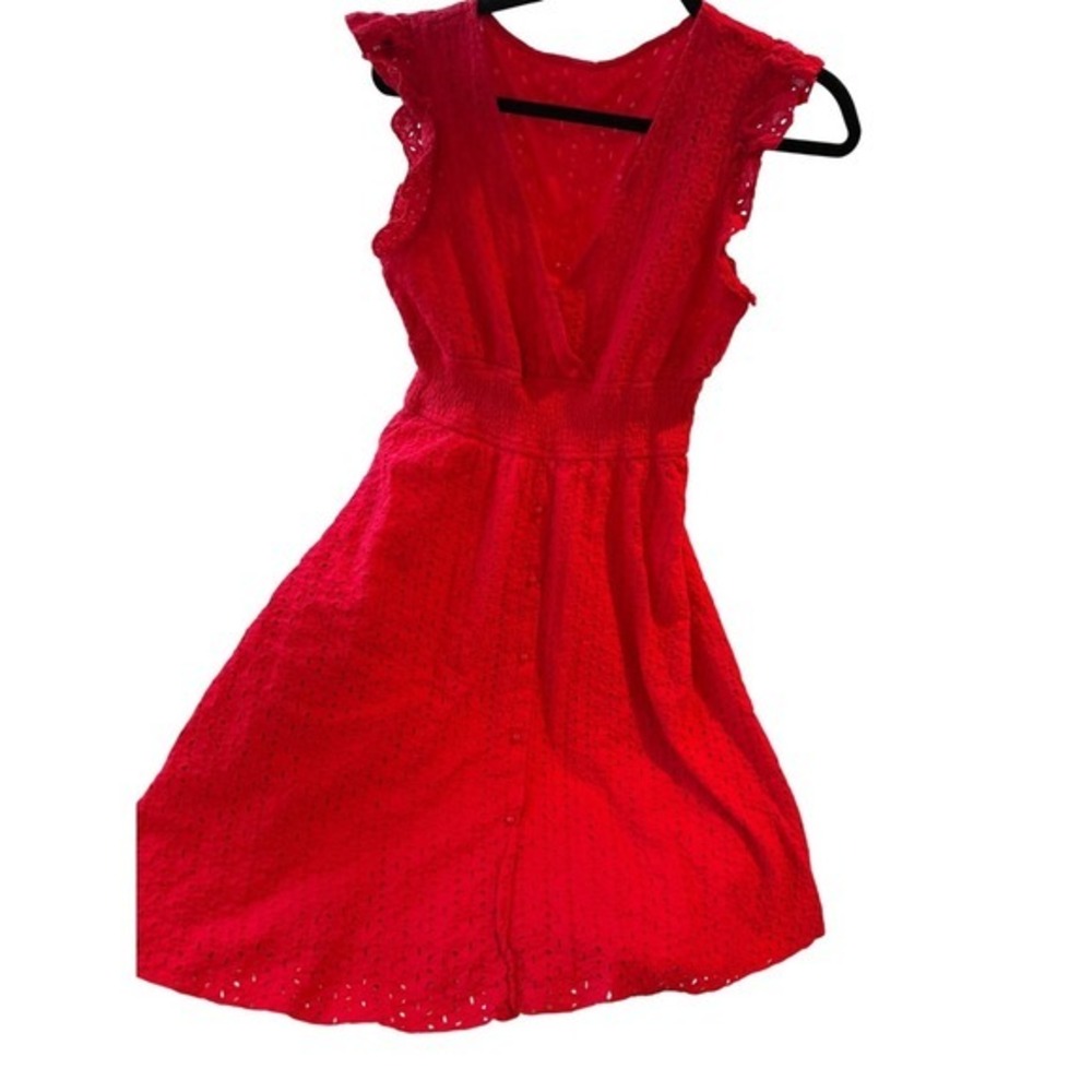 Red Eyelet V Neck Smocked Waist Mini‎ Dress Size L fairycore - Picture 3 of 9